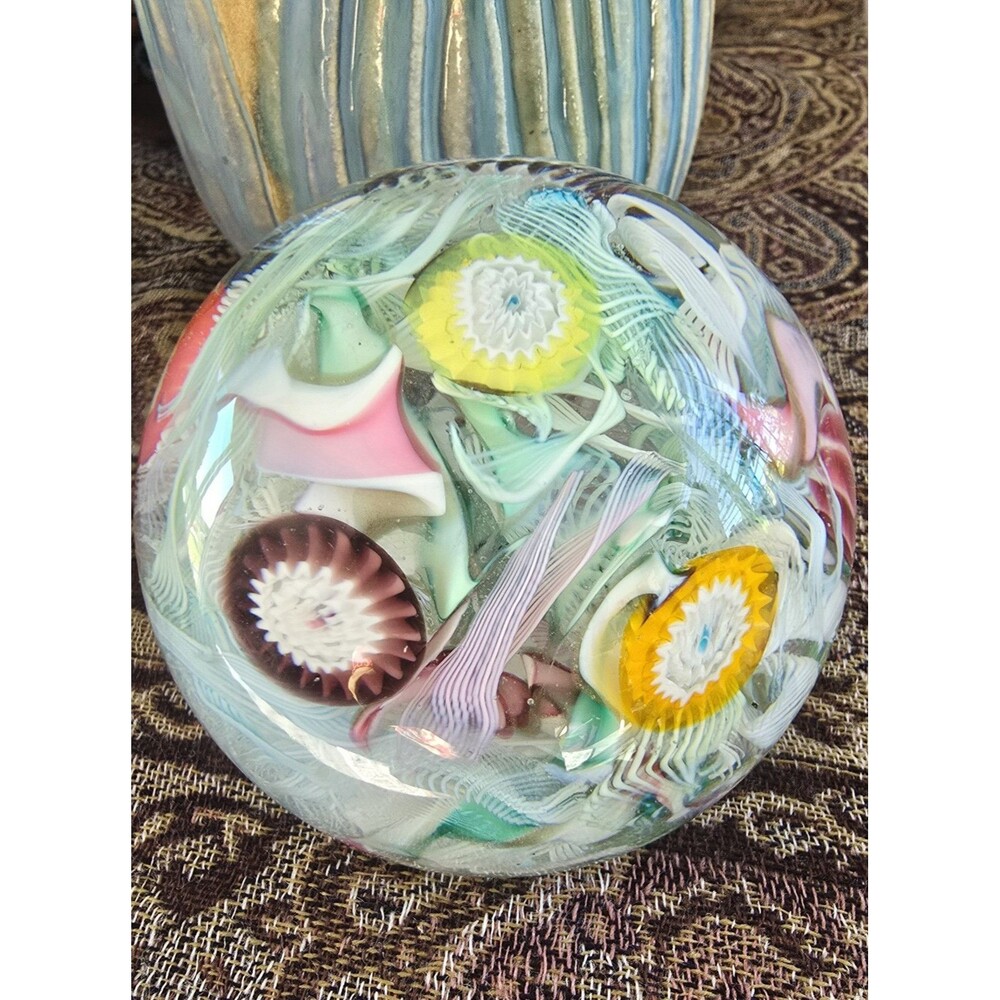 Murano Fratelli Toso Latticino Millefiori Glass Paperweight Colorful